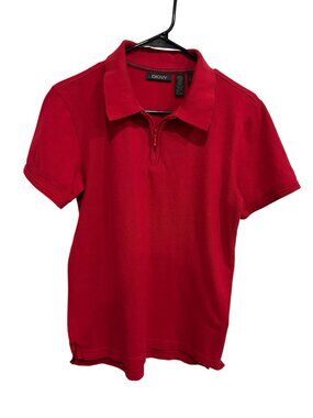 DKNY Red Polo Shirt Small 100% Cotton Short Sleeve Zip Neck Blockcore Retro